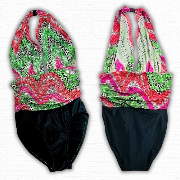 Vintage Oscar de la Renta Snakeskin Halter One-Piece Swimsuit Neon & Black, S/M - Picture 2 of 9